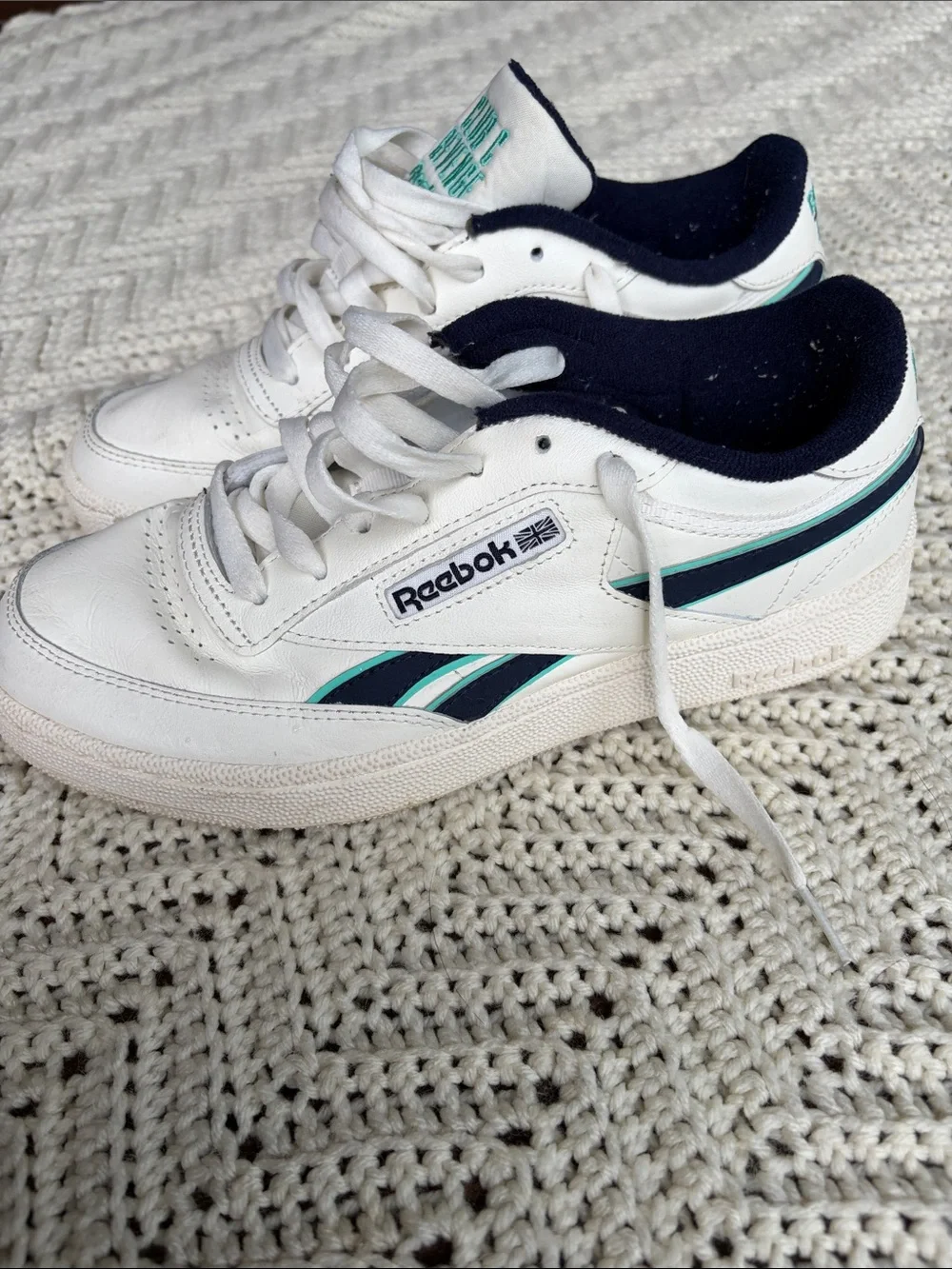 Reebok White Navy and Teal Club C Revenge Sneakers